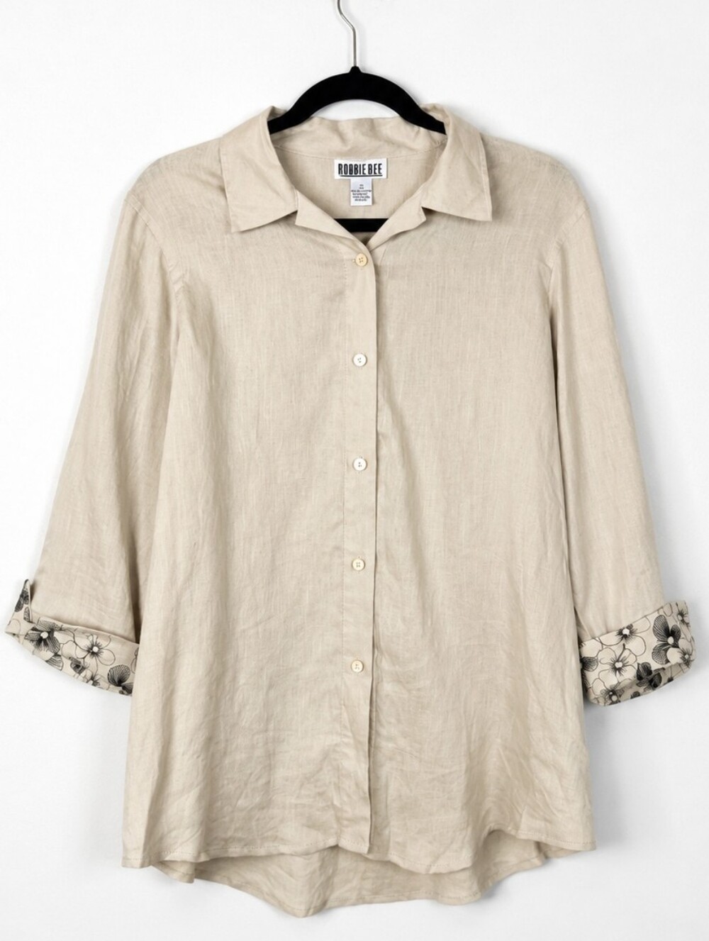 Robbie Bee 100% Linen Shirt Size 10 Floral Cuff Coastal Grandma Art to Wear